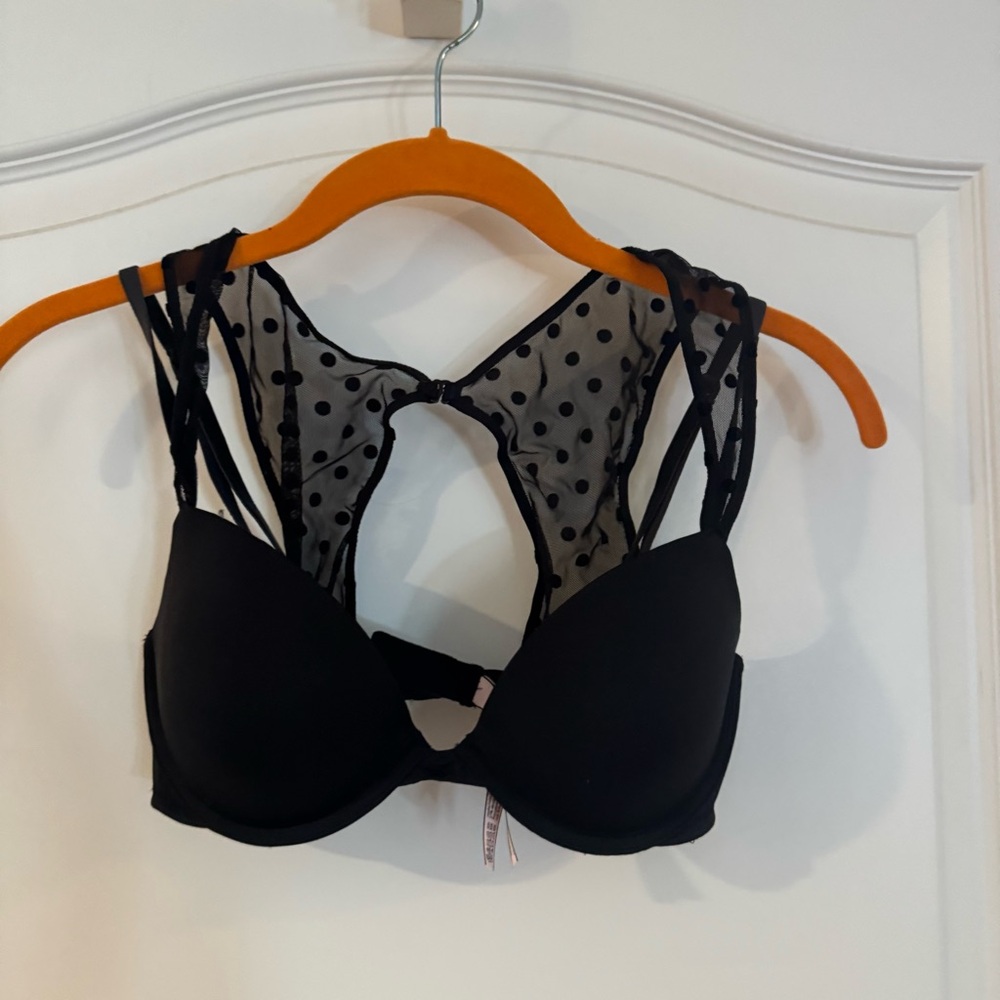 Victoria's Secret Black Sheer Polka Dot Bra 32D padded plunge